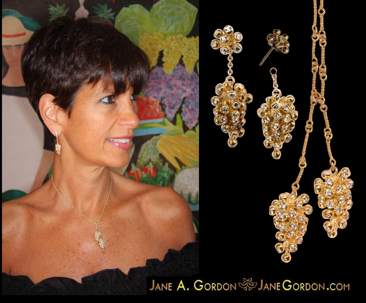 Grapes Drop Earrings- 2 parts-Detachable Stud. 18K Gold with diamonds-19