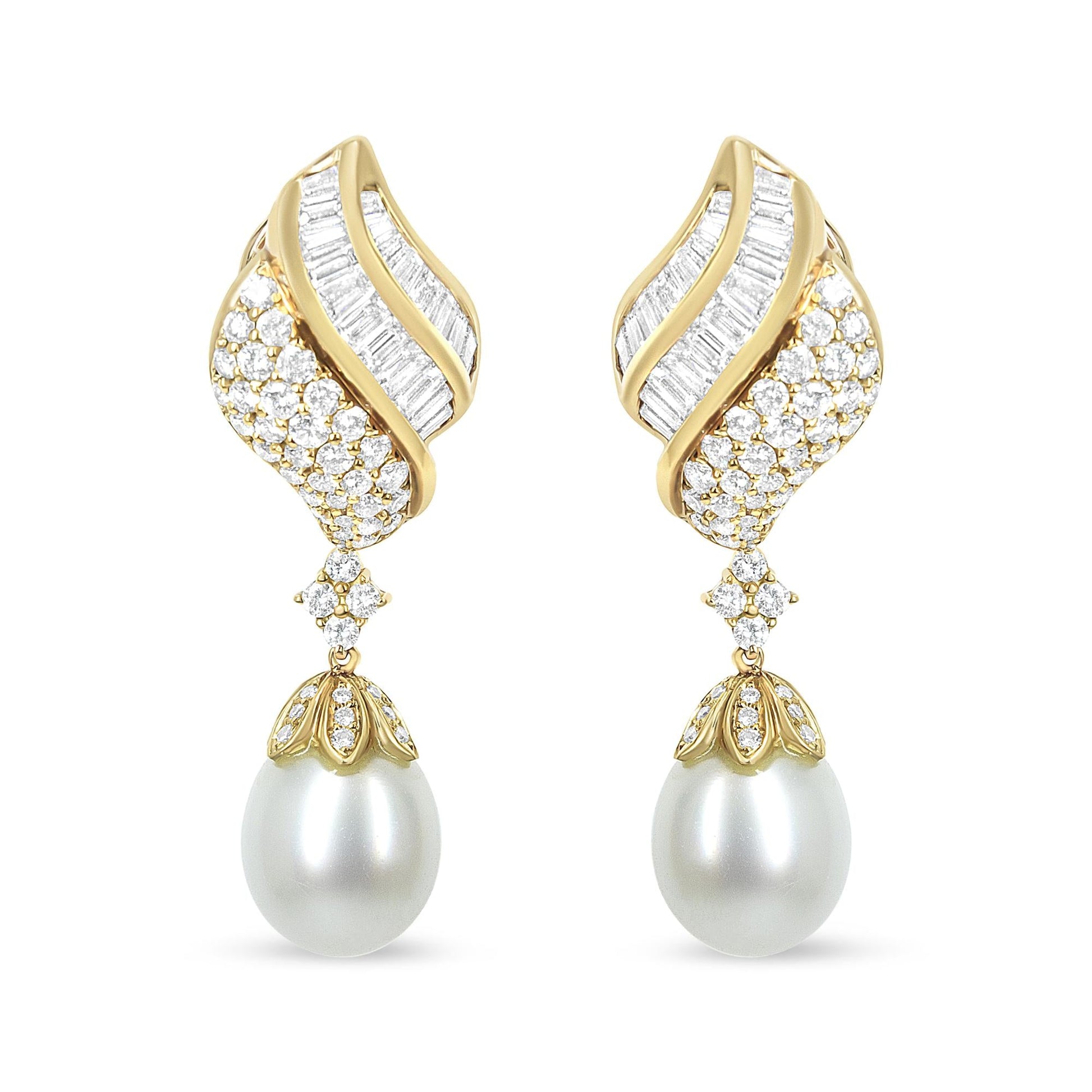 18k Yellow Gold 7.0 Cttw Baguette and Round Diamond South Sea Pearl Drop Dangle Clip-On Earrings (F-G Color, VS1-VS2 Clarity)-1