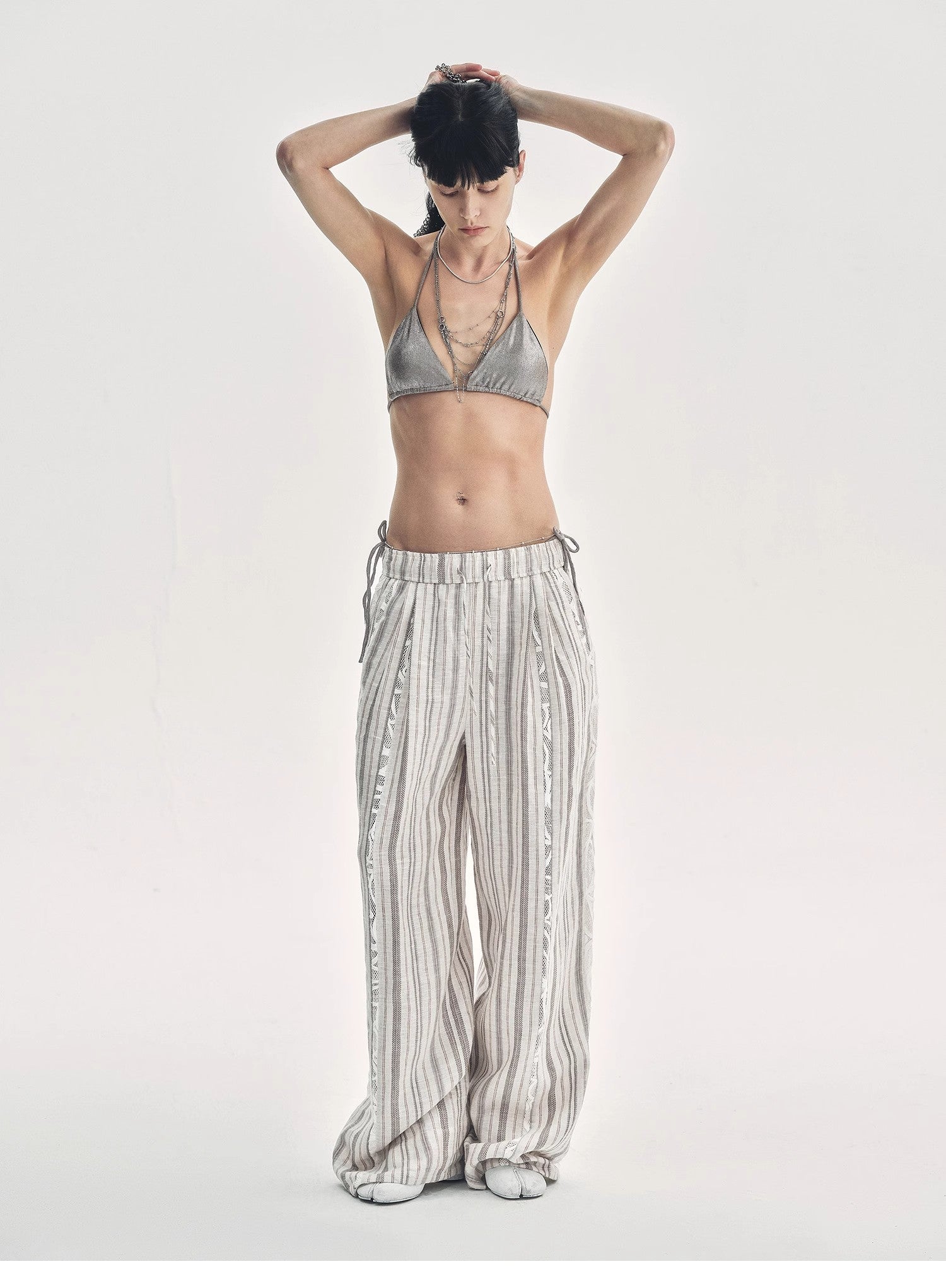 "Fashion Tension" Linen Vertical Stripe Drape Wide Leg Casual Pants