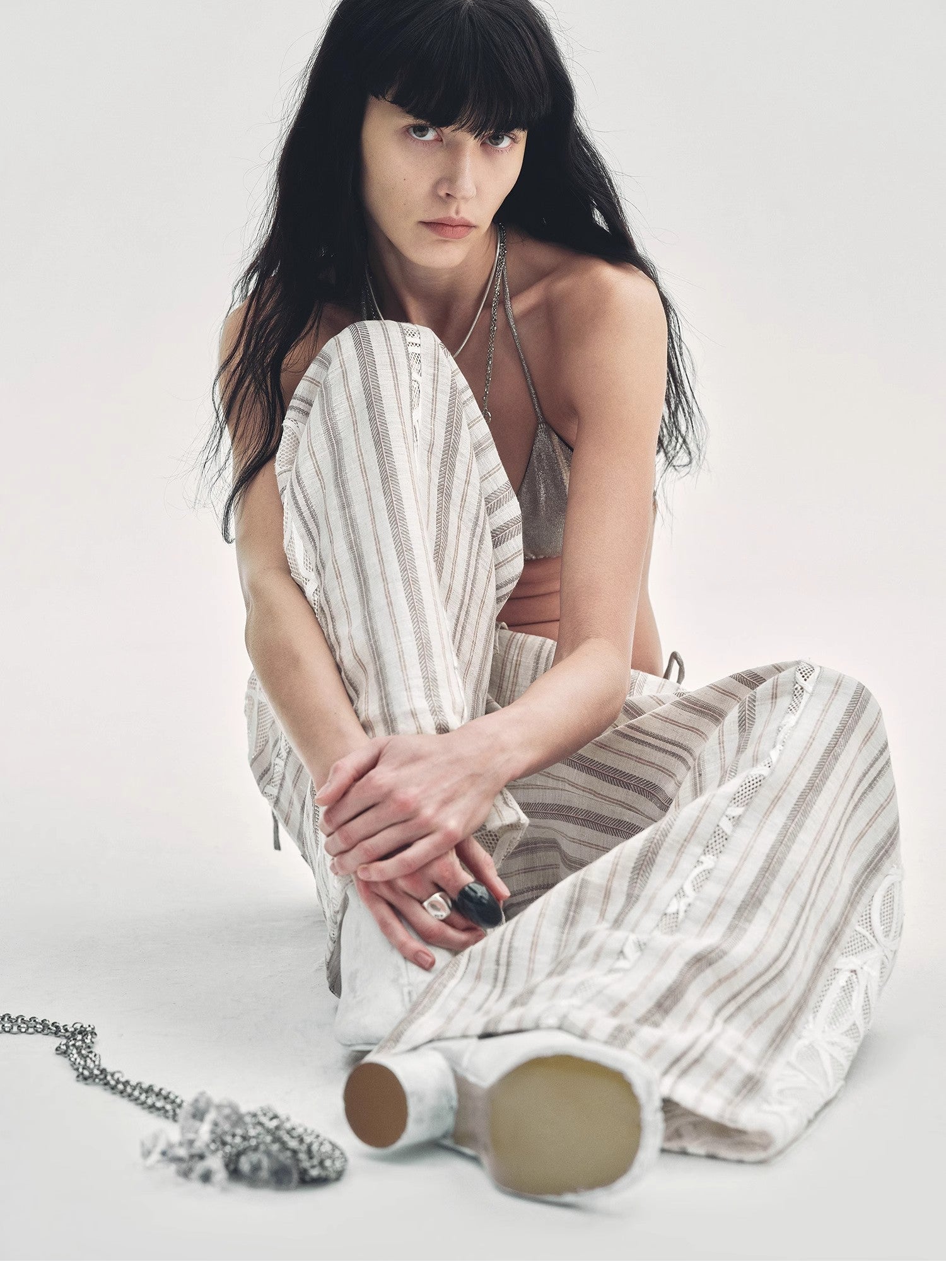 "Fashion Tension" Linen Vertical Stripe Drape Wide Leg Casual Pants