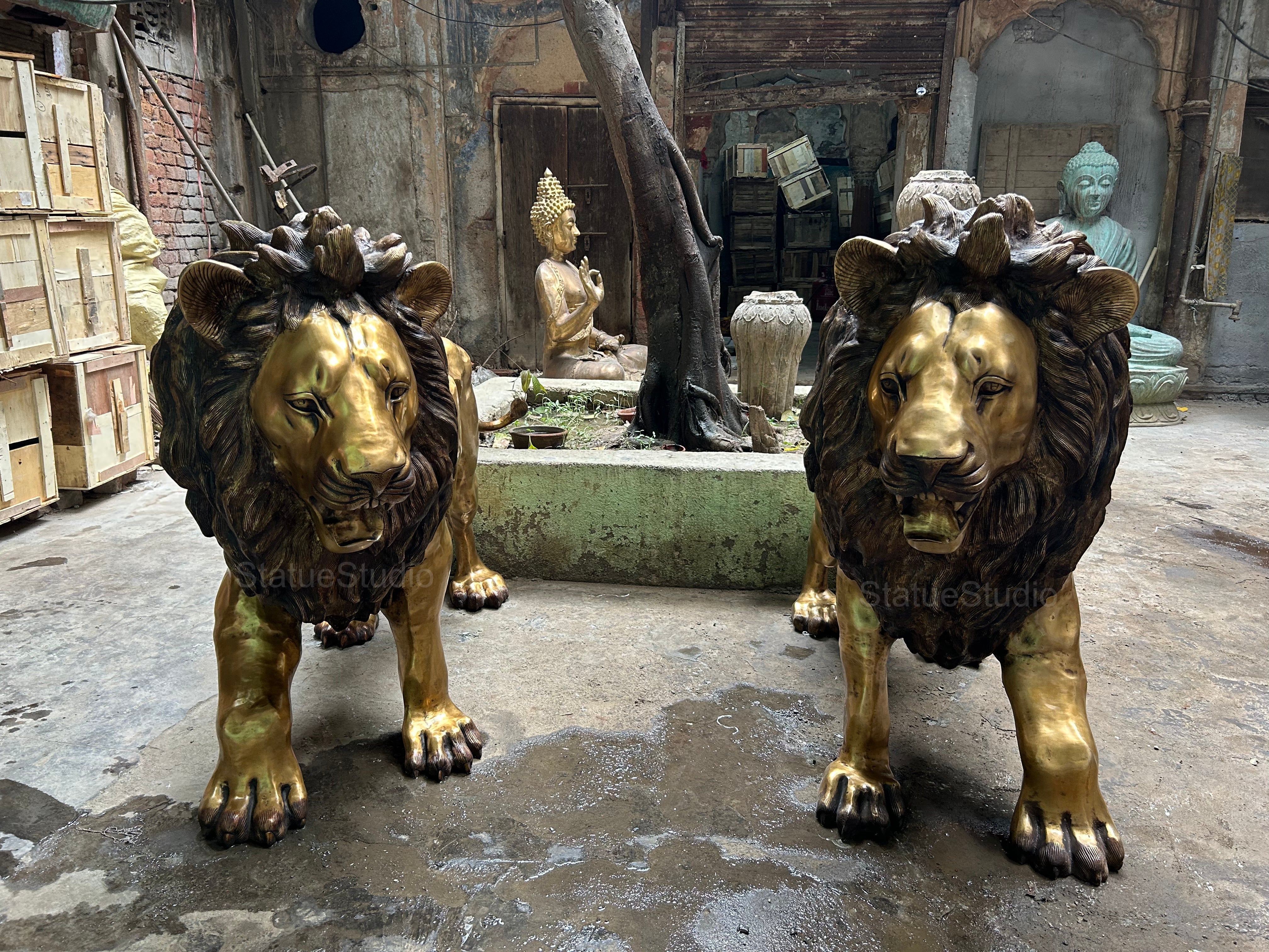 Brass Lion Pair Statue Big Life Size Figure For Home Garden Decor 4 Feet Tall-0