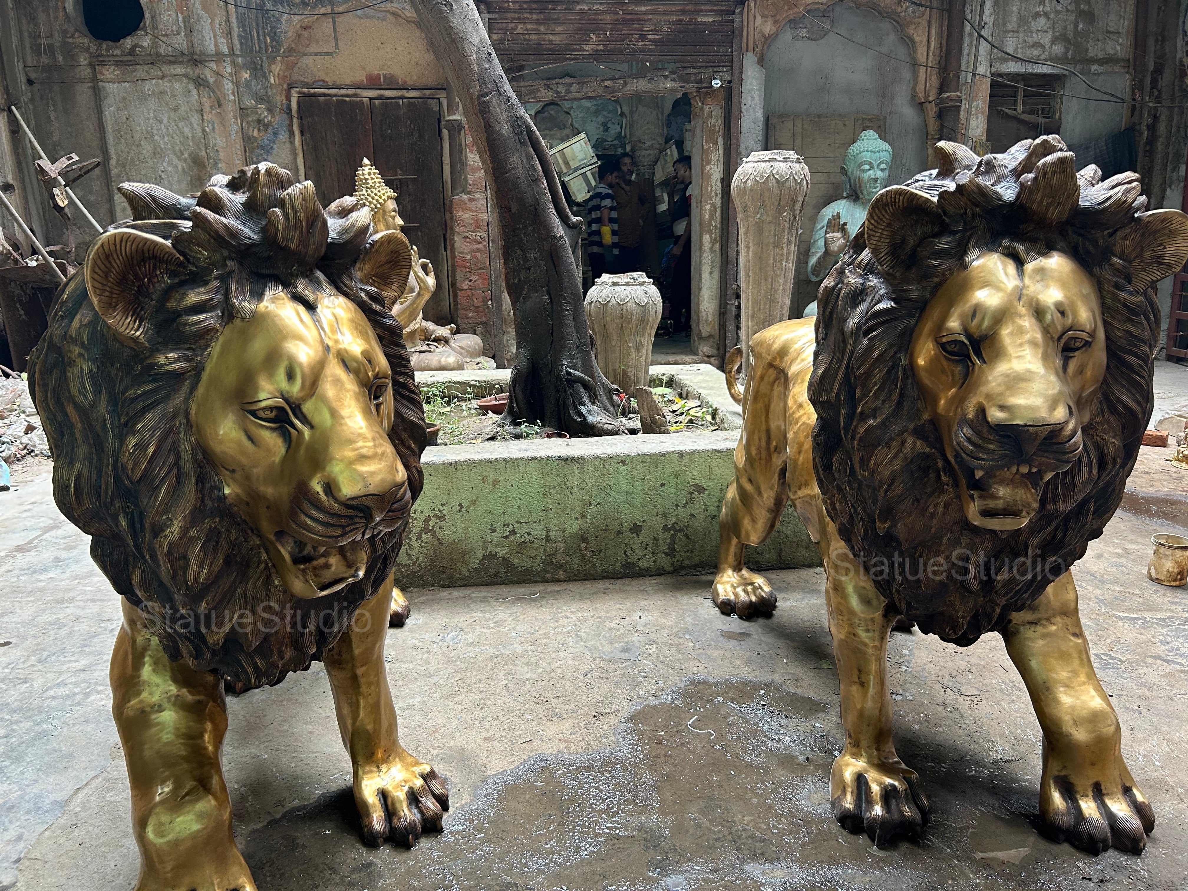 Brass Lion Pair Statue Big Life Size Figure For Home Garden Decor 4 Feet Tall-1