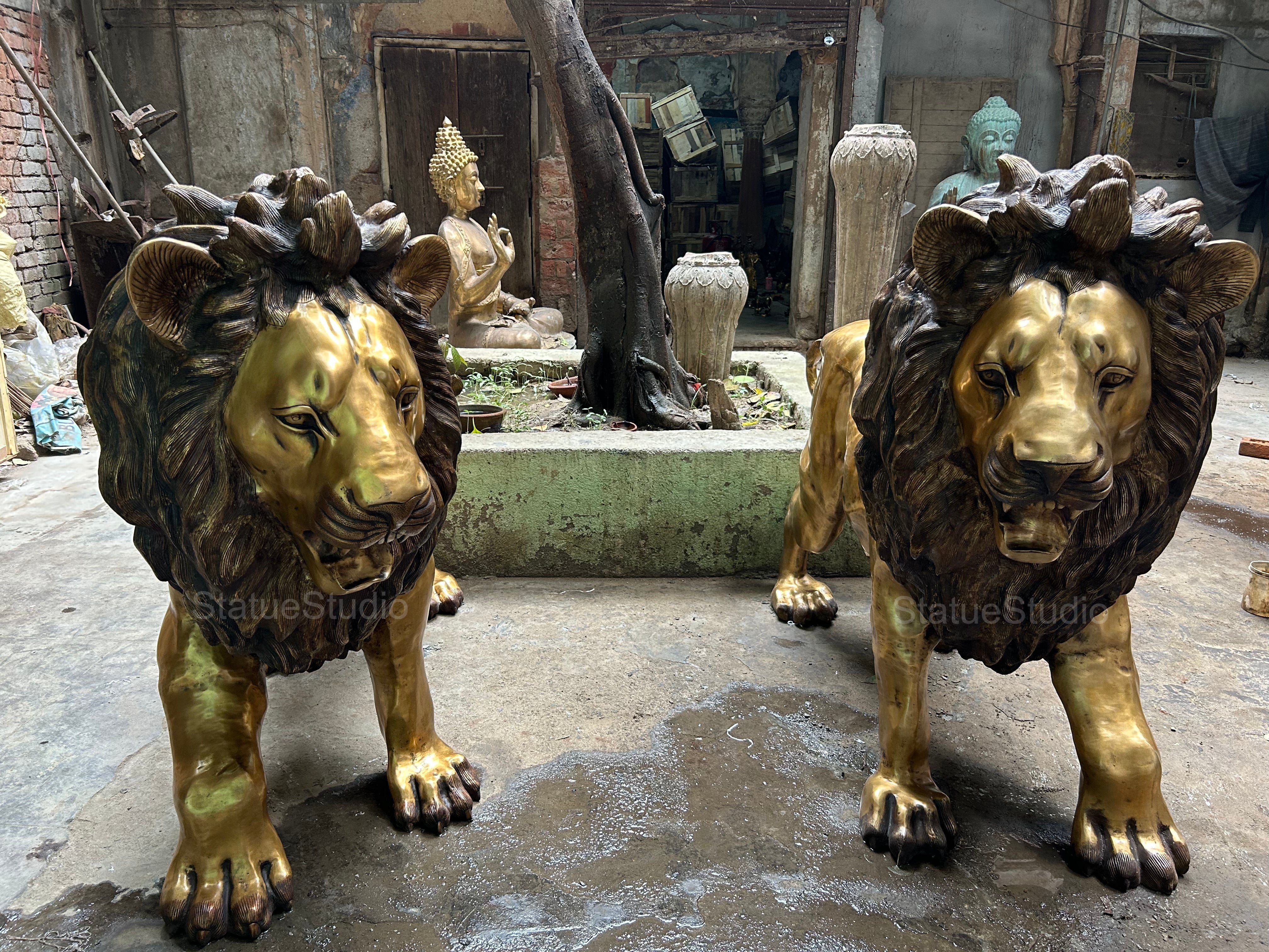 Brass Lion Pair Statue Big Life Size Figure For Home Garden Decor 4 Feet Tall-2