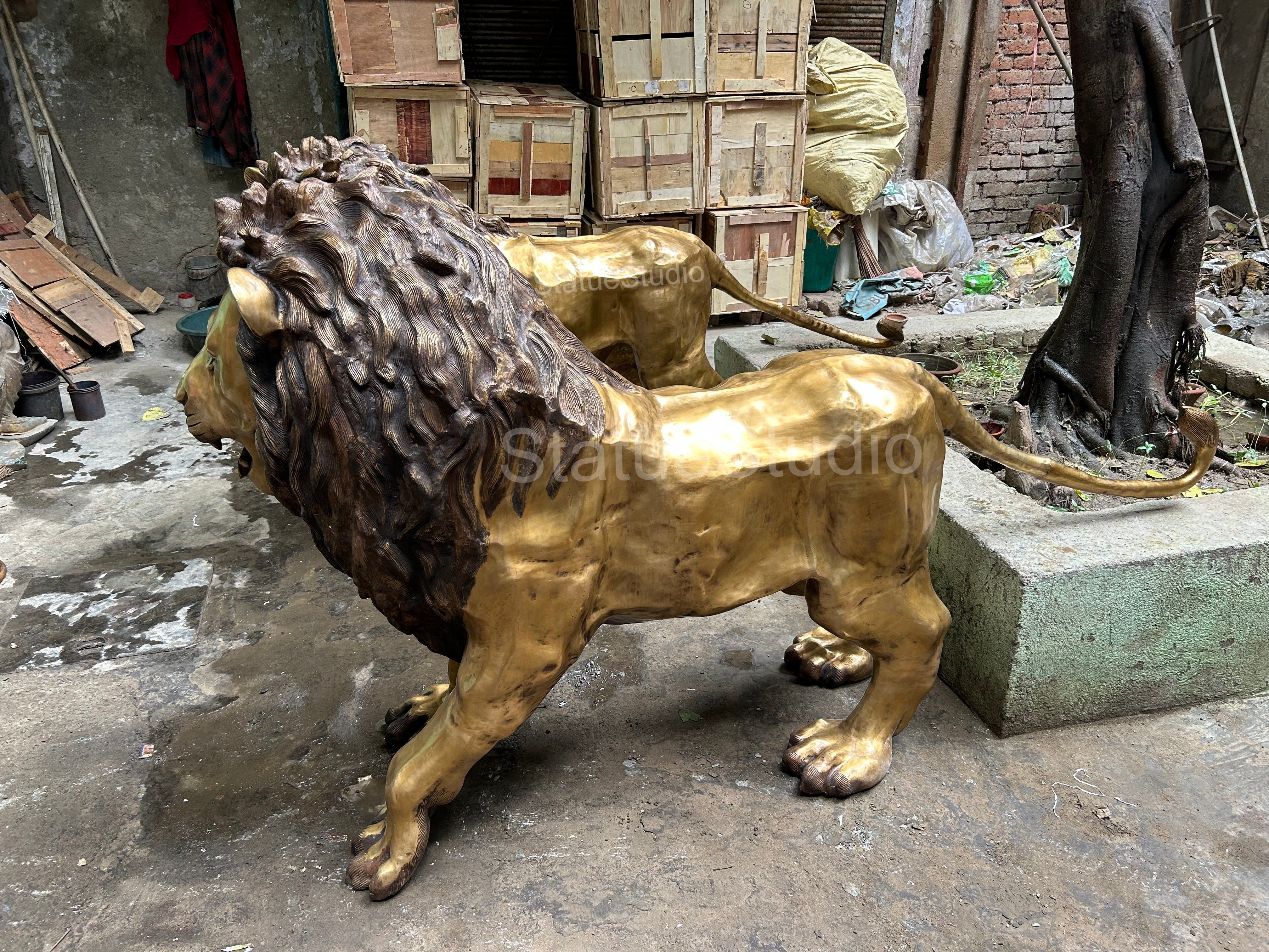 Brass Lion Pair Statue Big Life Size Figure For Home Garden Decor 4 Feet Tall-4