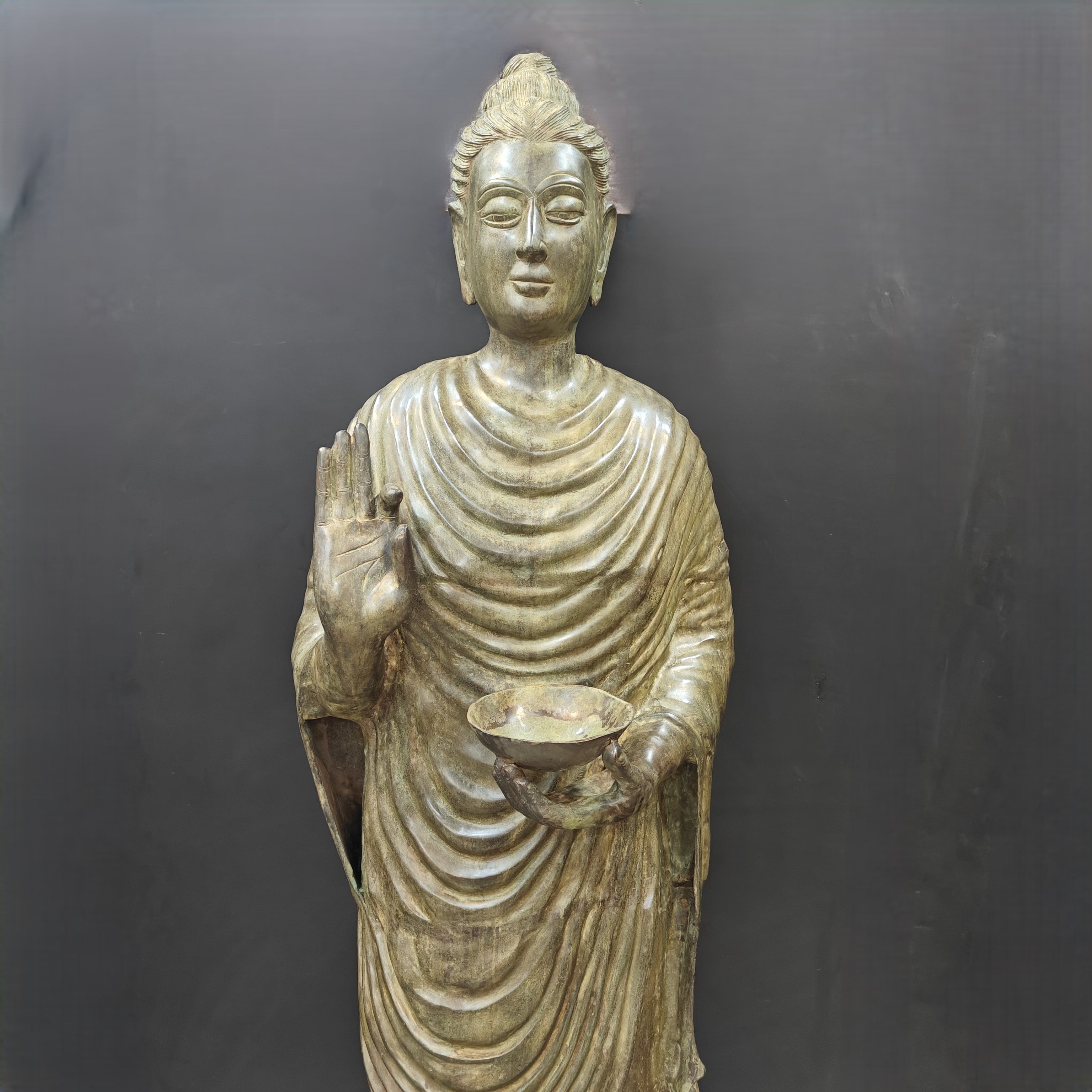 Brass Vintage Large Standing Buddha Statue Green Patina Finish 6.5 Feet-1