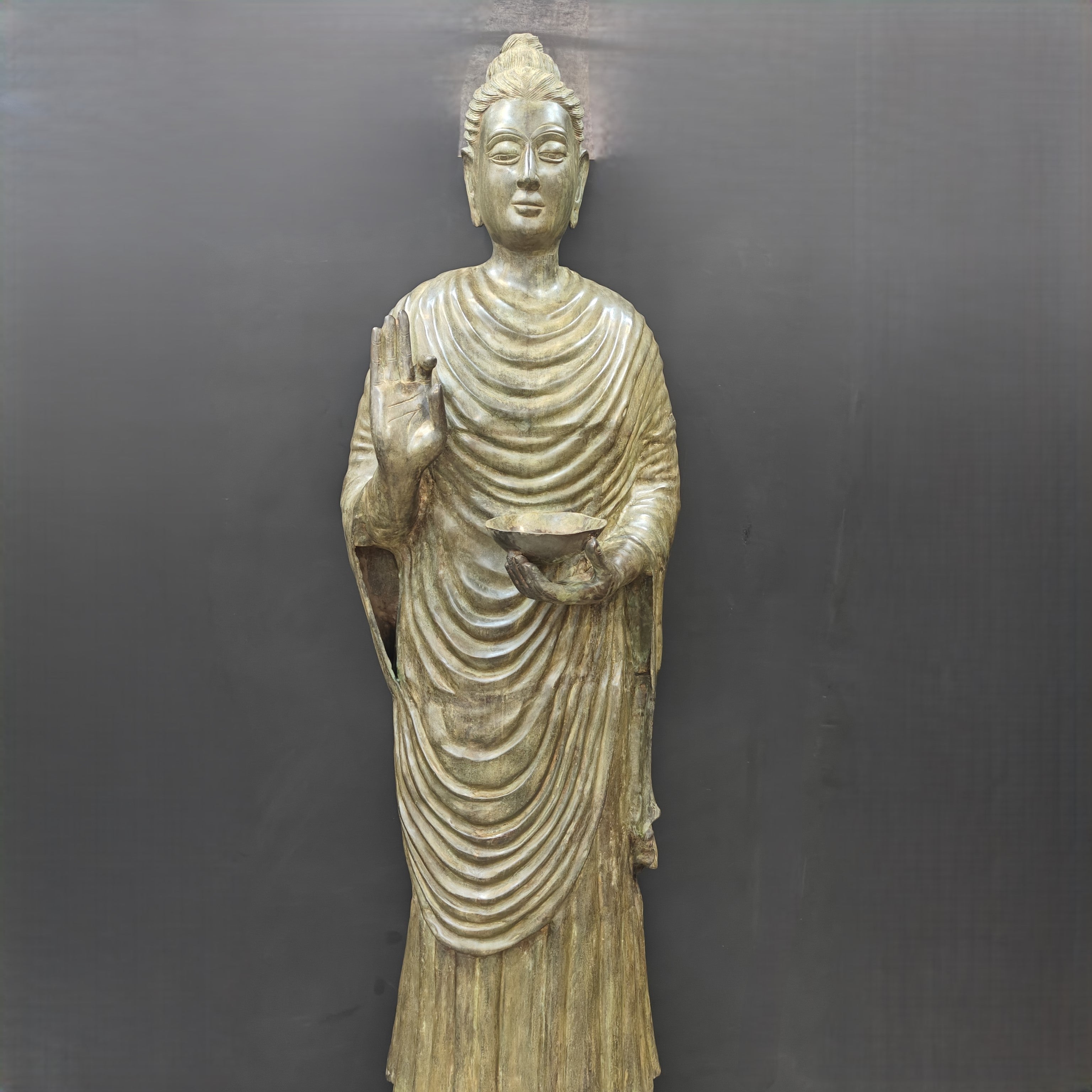 Brass Vintage Large Standing Buddha Statue Green Patina Finish 6.5 Feet-2