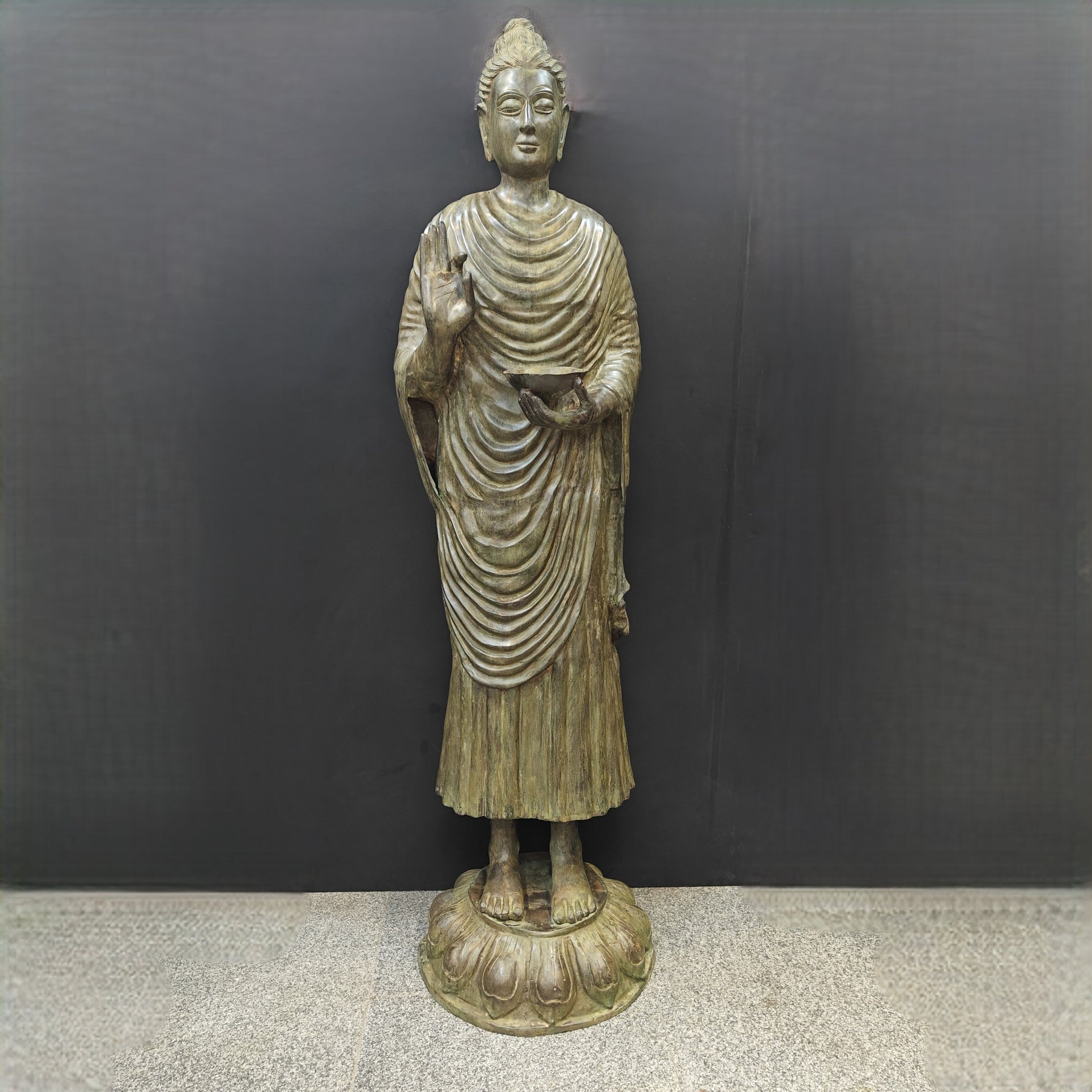 Brass Vintage Large Standing Buddha Statue Green Patina Finish 6.5 Feet-3