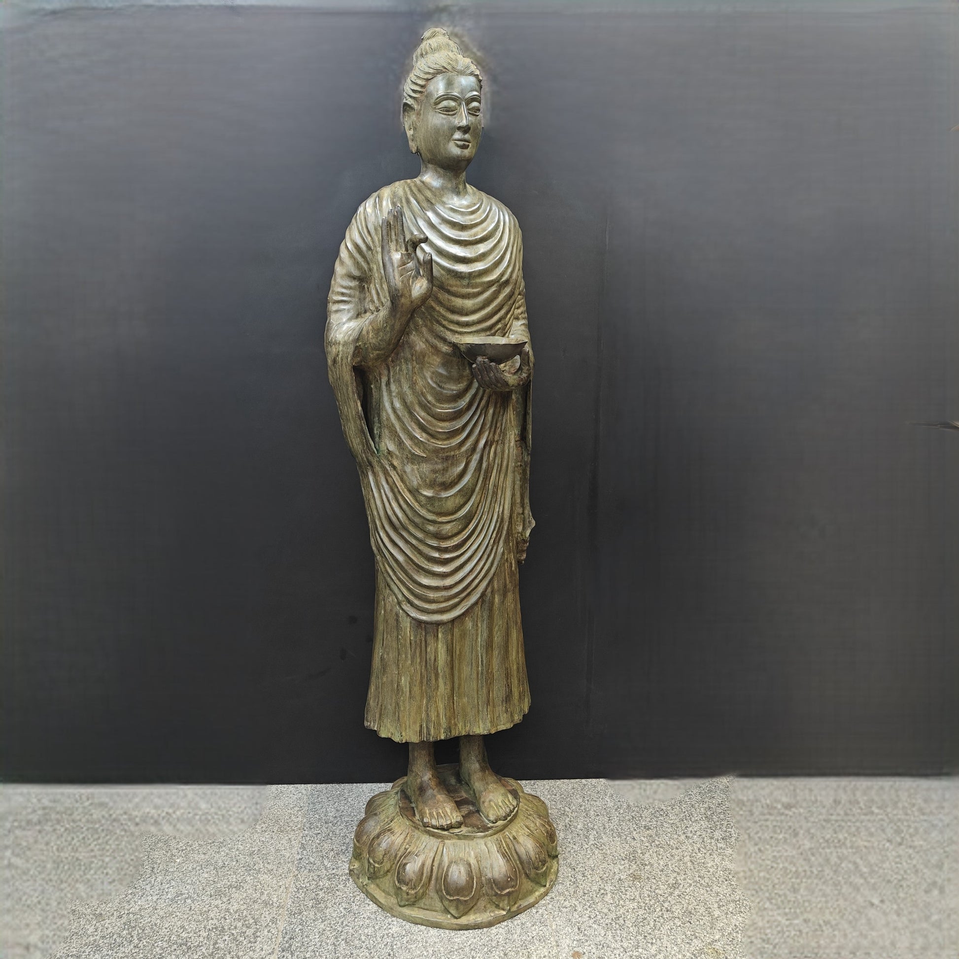 Brass Vintage Large Standing Buddha Statue Green Patina Finish 6.5 Feet-4
