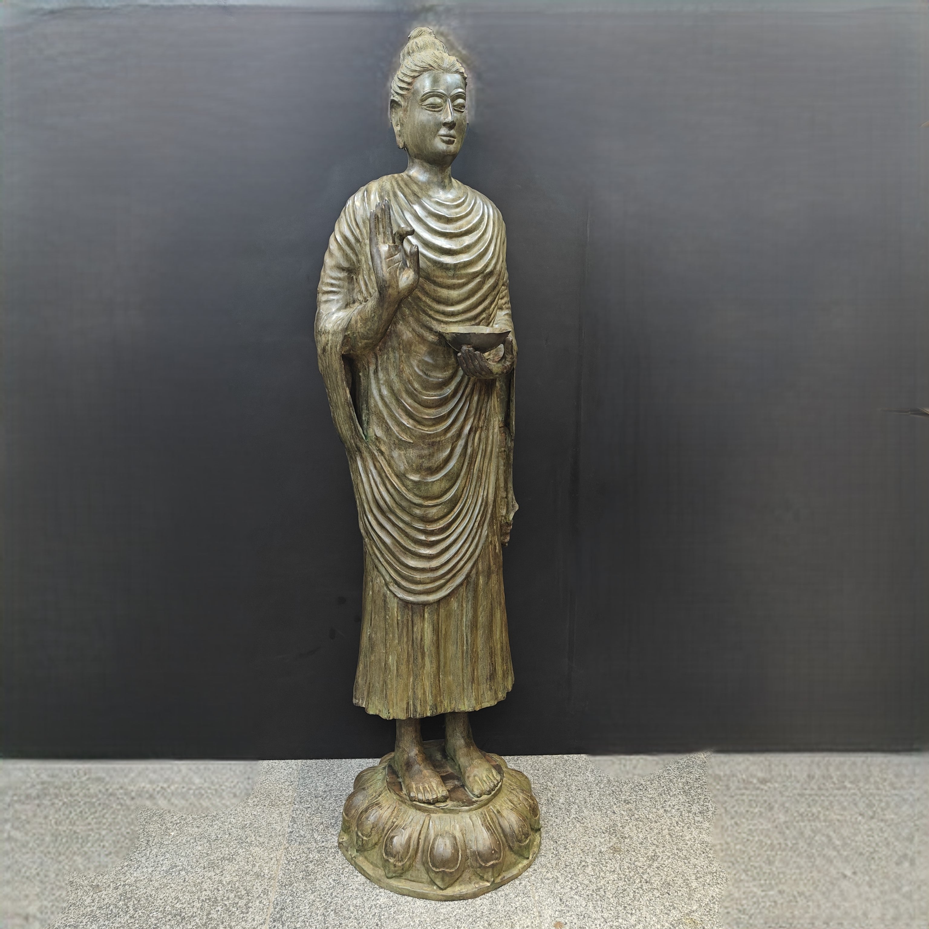 Brass Vintage Large Standing Buddha Statue Green Patina Finish 6.5 Feet-4