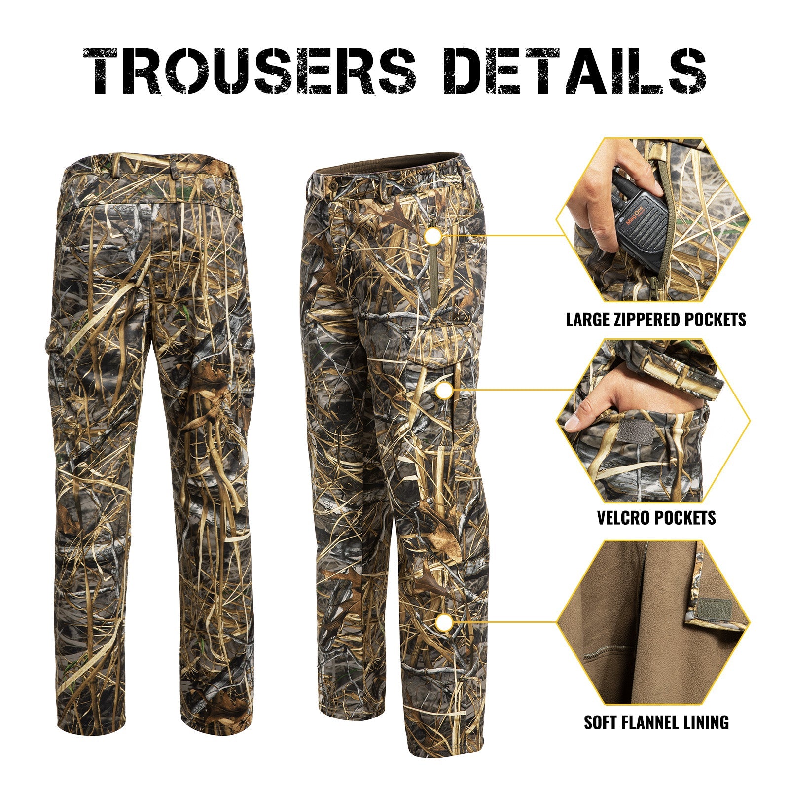 Hunting Pants for Men Camouflage Clothing Gear Windproof Fleece Lined for Winter