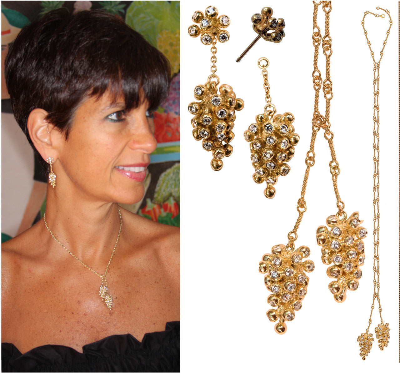 Grapes Necklace, 14K Gold with Diamonds: Lariat Style on Handmade Chain-10