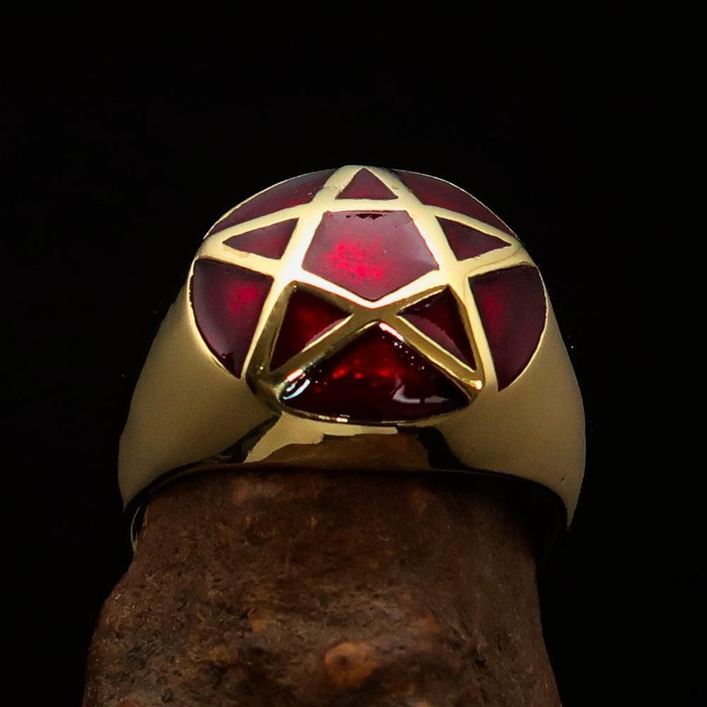 Perfectly domed Men's Solid Line Pentagram Ring Red - Brass