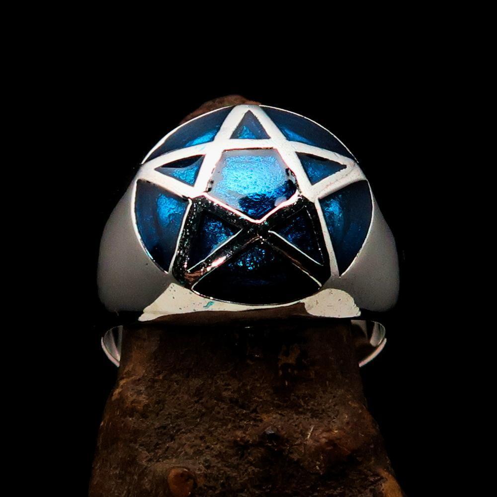 Perfectly domed Men's Solid Line Pentagram Ring Blue - Sterling Silver