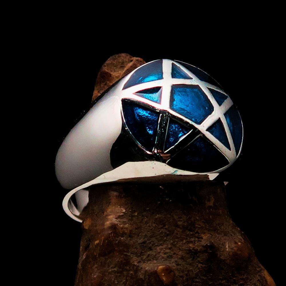 Perfectly domed Men's Solid Line Pentagram Ring Blue - Sterling Silver