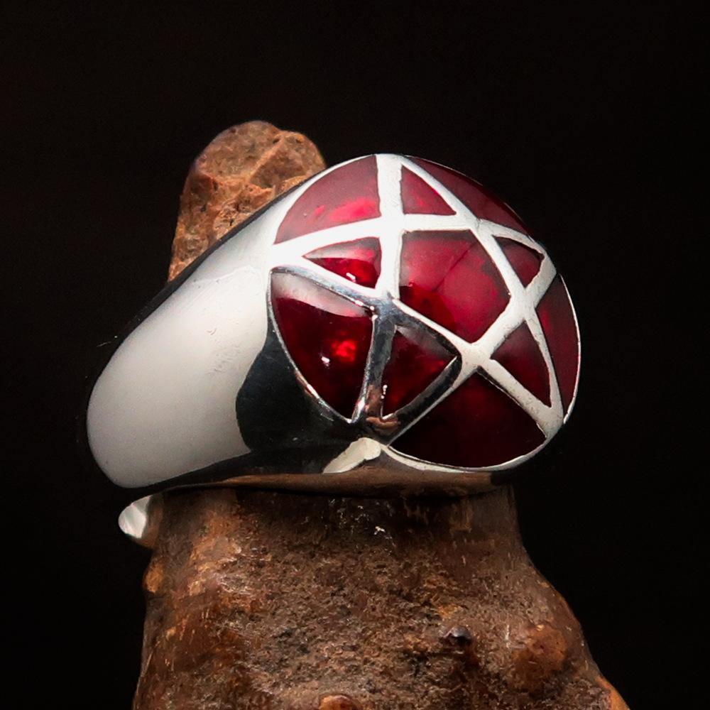 Perfectly domed Men's Solid Line Pentagram Ring Red - Sterling Silver