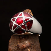 Perfectly domed Men's Solid Line Pentagram Ring Red - Sterling Silver