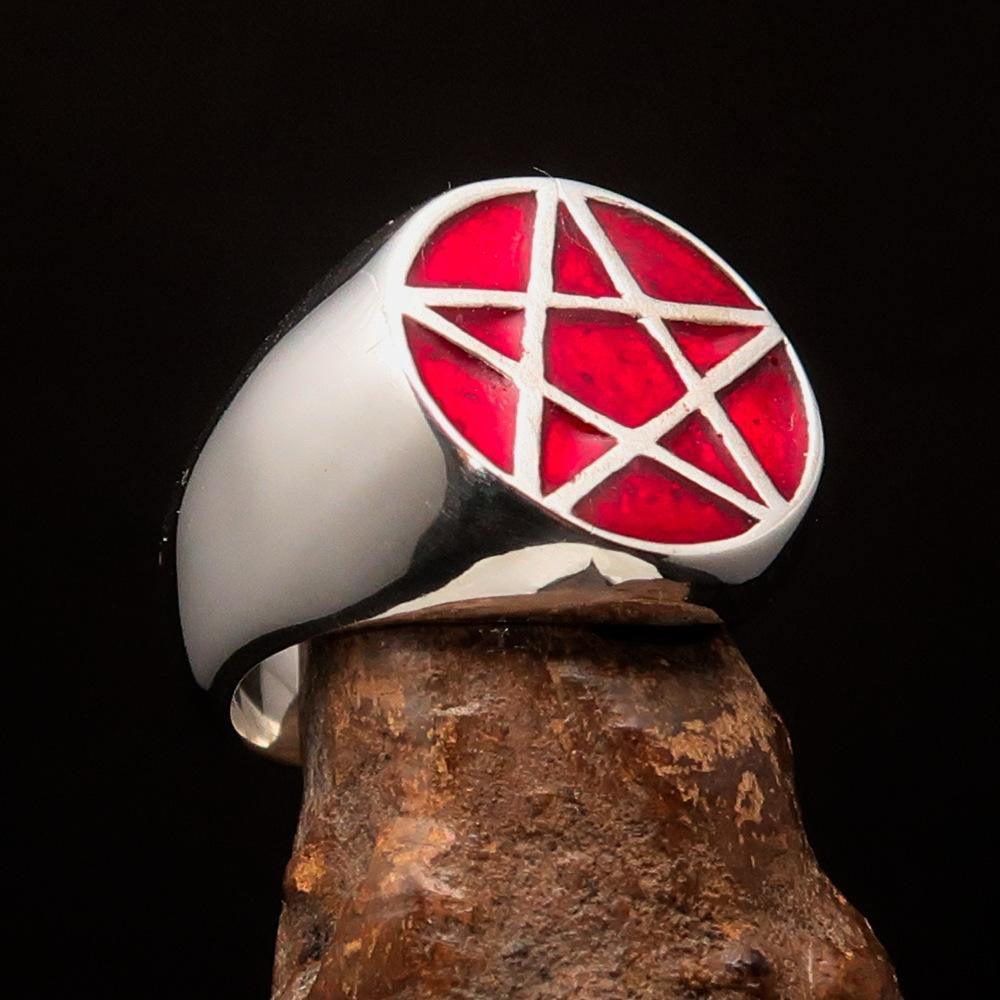 Perfectly crafted Men's Solid Line Pentagram Ring red - Sterling Silver