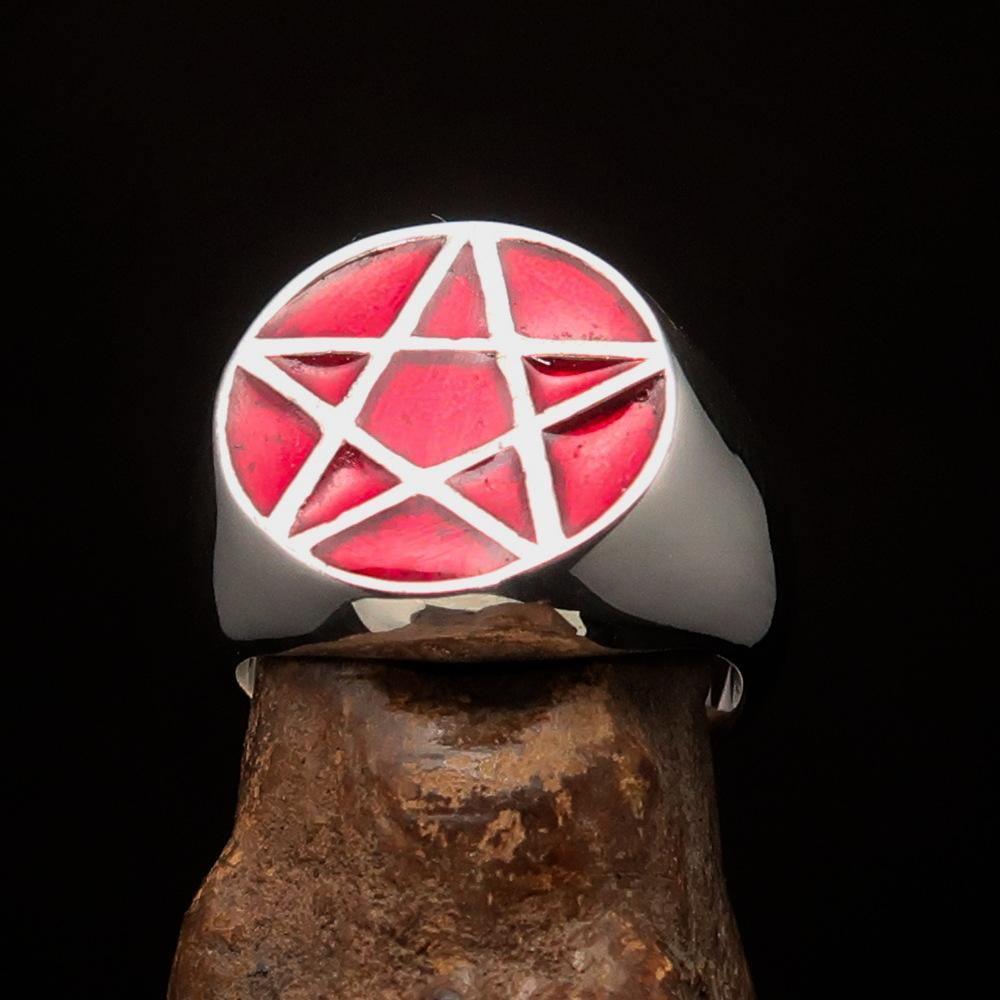 Perfectly crafted Men's Solid Line Pentagram Ring red - Sterling Silver