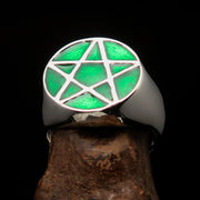 Perfectly crafted Men's Solid Line Pentagram Ring green - Sterling Silver