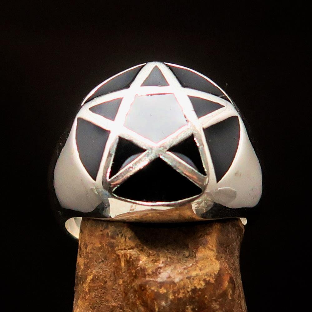 Perfectly domed Men's Solid Line Pentagram Ring Black - Sterling Silver