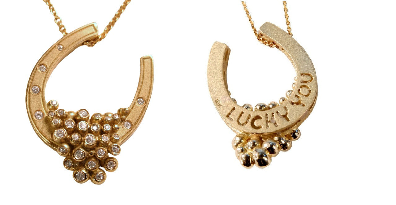 "Lucky You" Equestrian Horseshoe Necklace, 18K Gold, Overflowing with Diamonds.-6