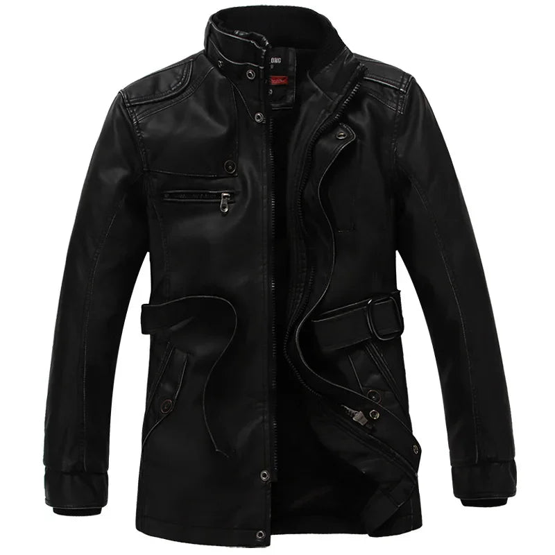 Mens PU Leather Fleece Lined Winter Jacket (Coffee thin)