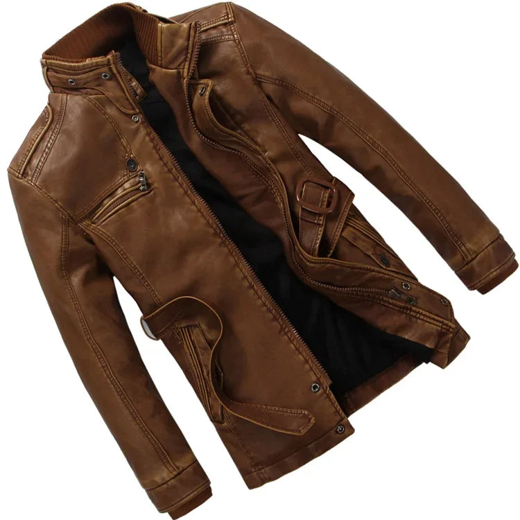 Mens PU Leather Fleece Lined Winter Jacket (Yellow fleece)