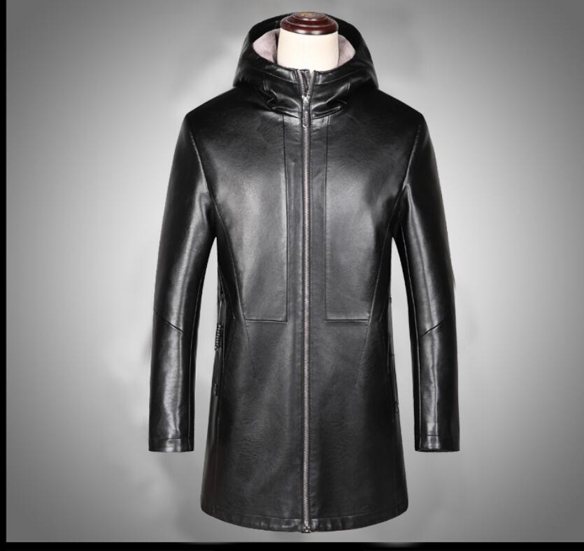 Sewn Mens Fur Lined 3/4 Length Hooded Leather Coat