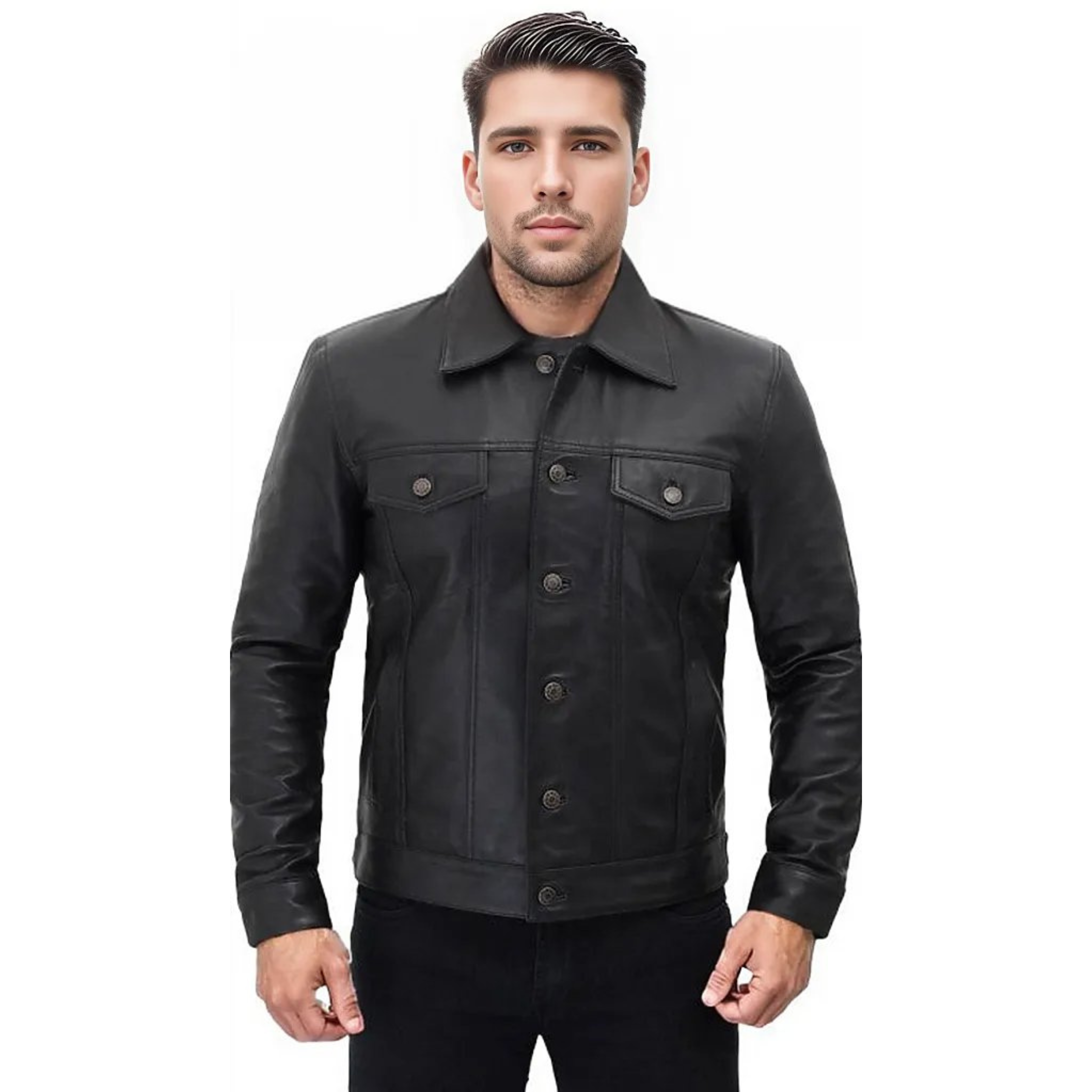 Fernando Men's Button Up Leather Shirt Black