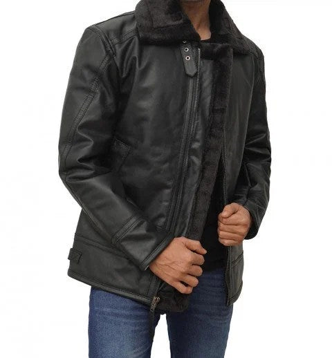 Black Shearling Lined Leather Jacket Mens - 2XL