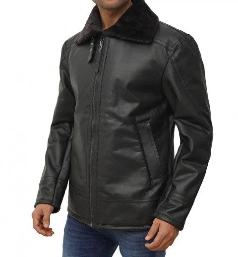 Black Shearling Lined Leather Jacket Mens - L