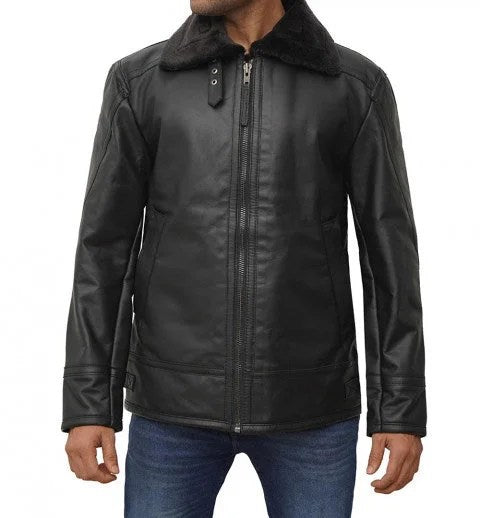Black Shearling Lined Leather Jacket Mens - M
