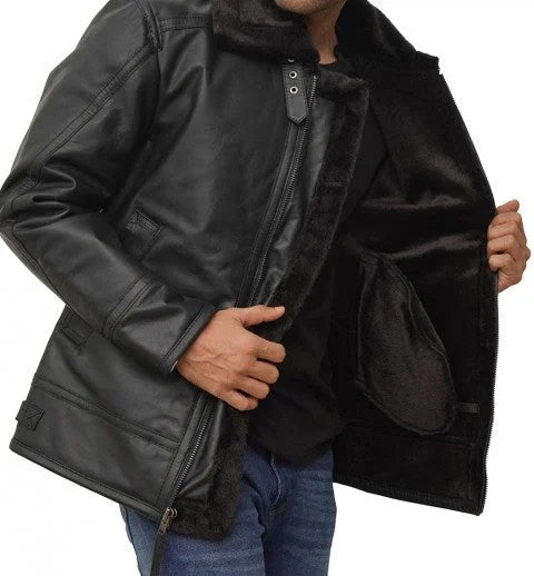 Black Shearling Lined Leather Jacket Mens - XL