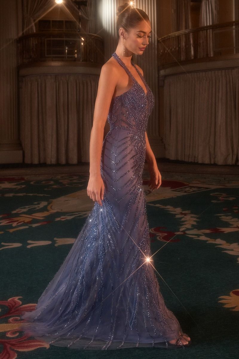 Fitted Halter Beaded Gown-2