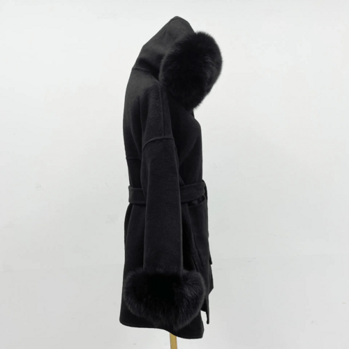Oversized Fur Collar Hooded Double-Sided Wool Coat – Luxurious Warmth