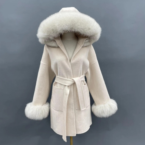 Oversized Fur Collar Hooded Double-Sided Wool Coat – Luxurious Warmth
