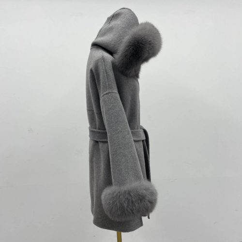 Oversized Fur Collar Hooded Double-Sided Wool Coat – Luxurious Warmth