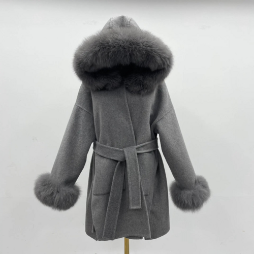 Oversized Fur Collar Hooded Double-Sided Wool Coat – Luxurious Warmth