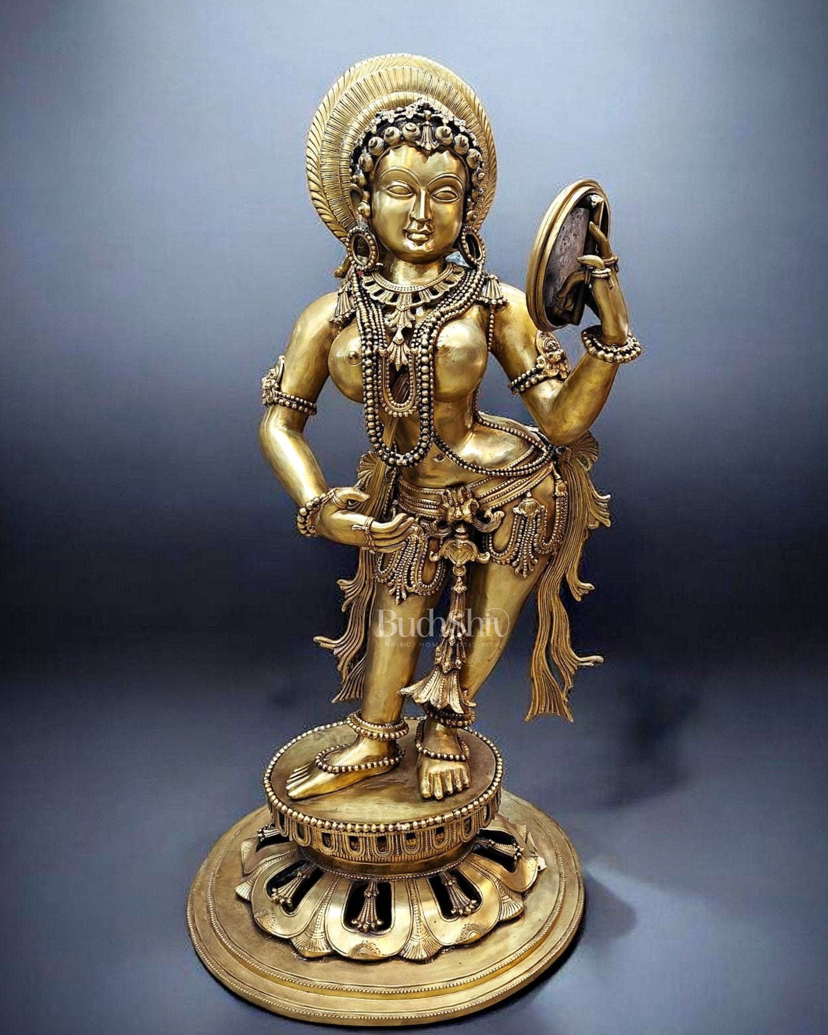 Large Pure Bronze Apsara Holding a Mirror Sculpture 54"-0