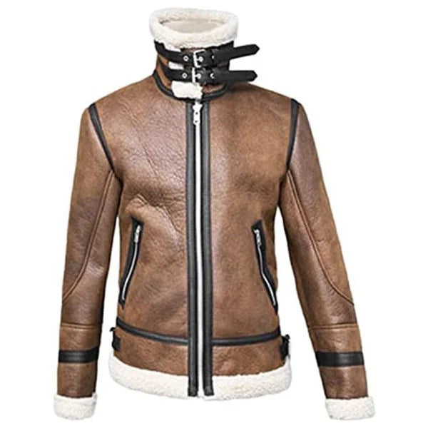 Mens Aviator Jacket Winter Highneck Warm Shearling Fur Liner Outwear - L