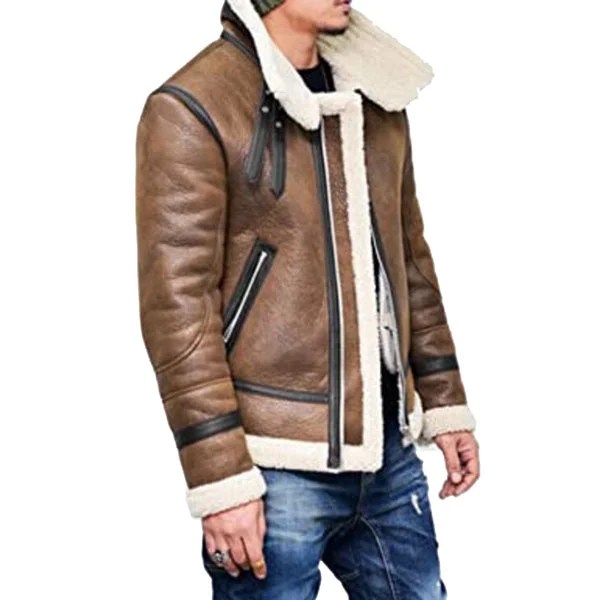 Mens Aviator Jacket Winter Highneck Warm Shearling Fur Liner Outwear - M