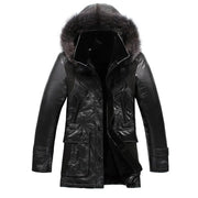 Mens Designer Black Lamb Fur Lined Leather Hooded Coats