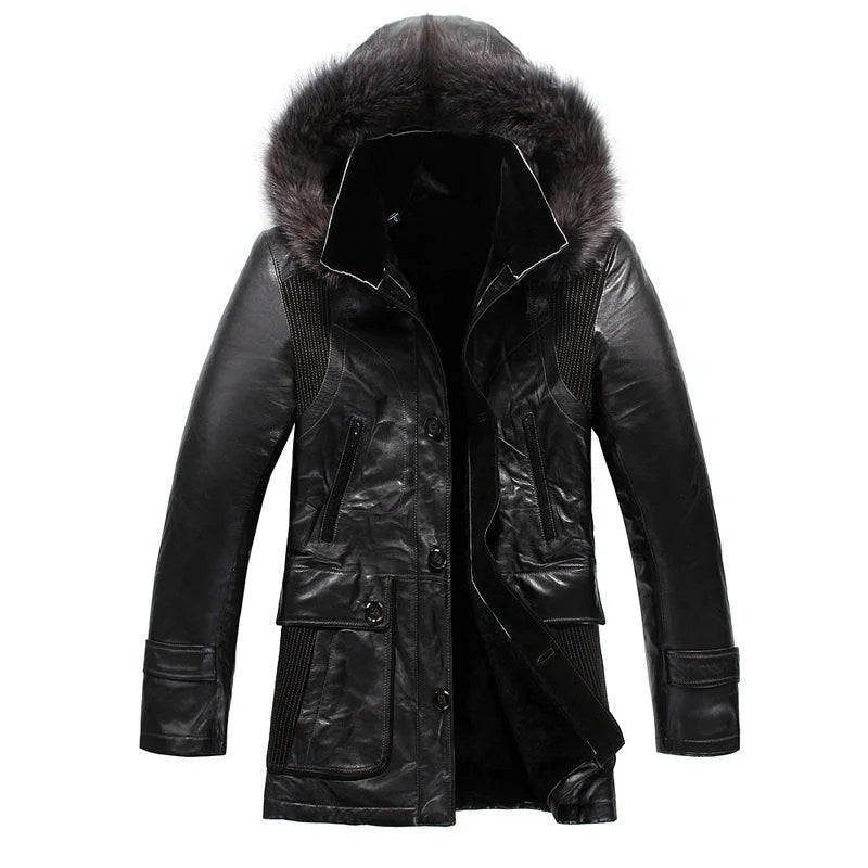 Mens Designer Black Lamb Fur Lined Leather Hooded Coats