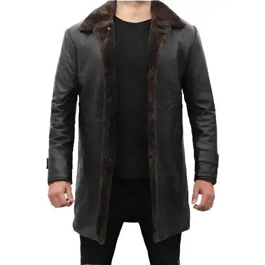 Men’s Shearling-Lined Black Leather Trench Coat