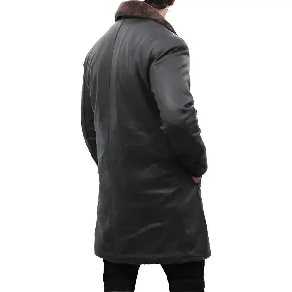 Men’s Shearling-Lined Black Leather Trench Coat