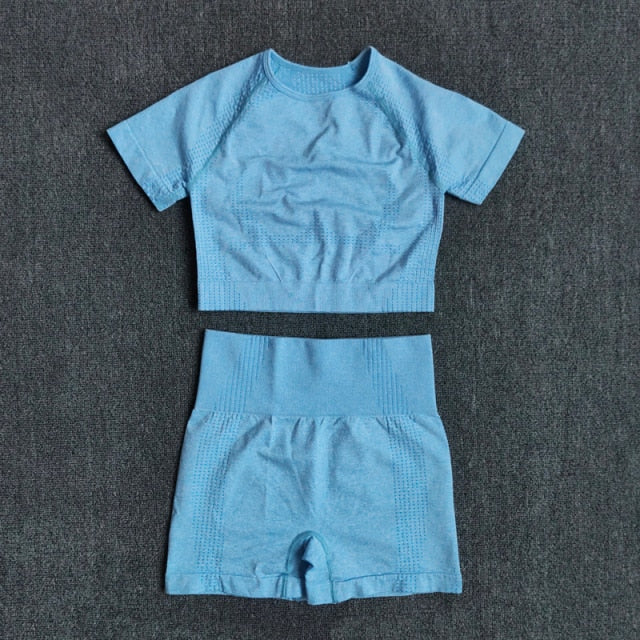 Seamless Women Yoga Set Crop Top Short Sleeve Shirt Fitness Shorts Workout Clothes For Women Gym Clothing Yoga Sport Set