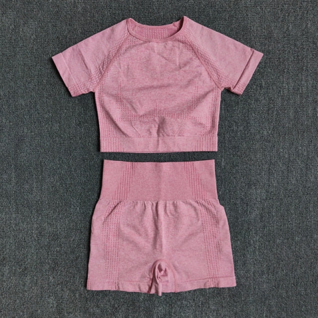 Seamless Women Yoga Set Crop Top Short Sleeve Shirt Fitness Shorts Workout Clothes For Women Gym Clothing Yoga Sport Set