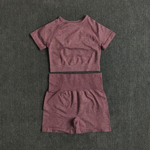 Seamless Women Yoga Set Crop Top Short Sleeve Shirt Fitness Shorts Workout Clothes For Women Gym Clothing Yoga Sport Set