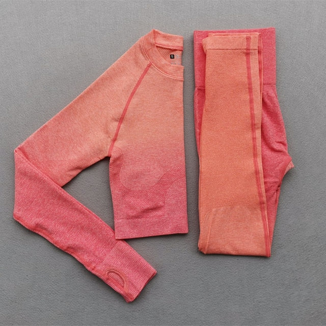 Women Yoga Set Gym Clothing Ombre Seamless Gradient Leggings+Long sleeve Top Workout Sport Suit Women Fitness Set Active Wear