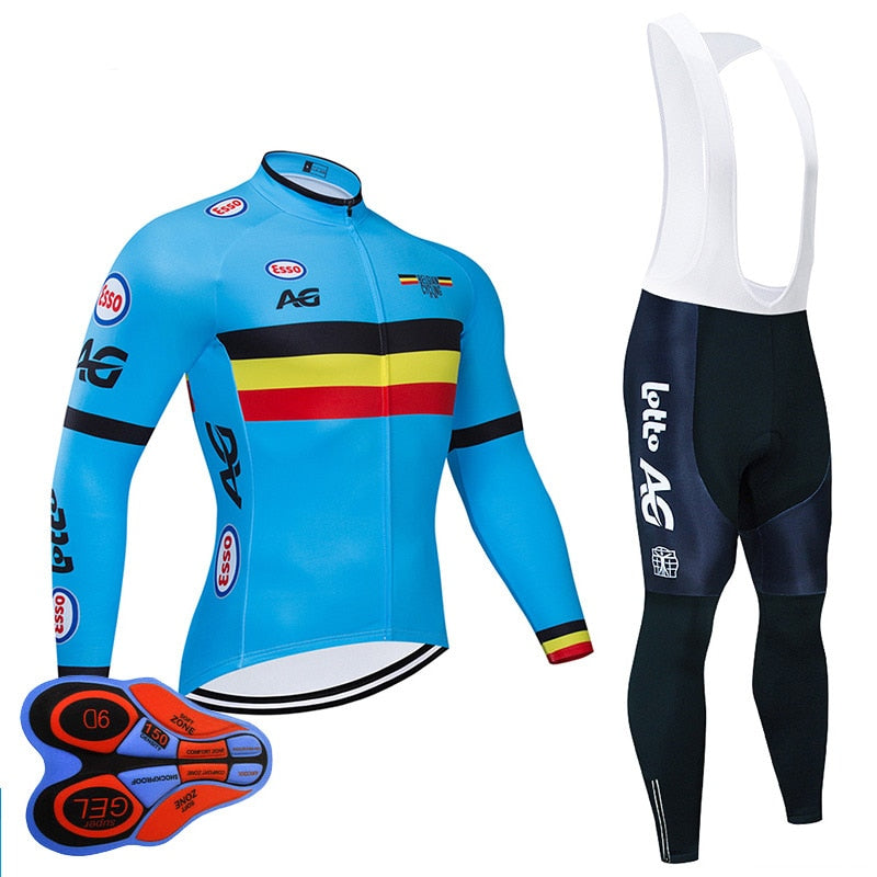 Spring/Autumn Belgium Cycling Jersey 9D Bib Set MTB Uniform Bike Clothing Quick Dry Bicycle Clothes Men‘s Long Cycling Wear